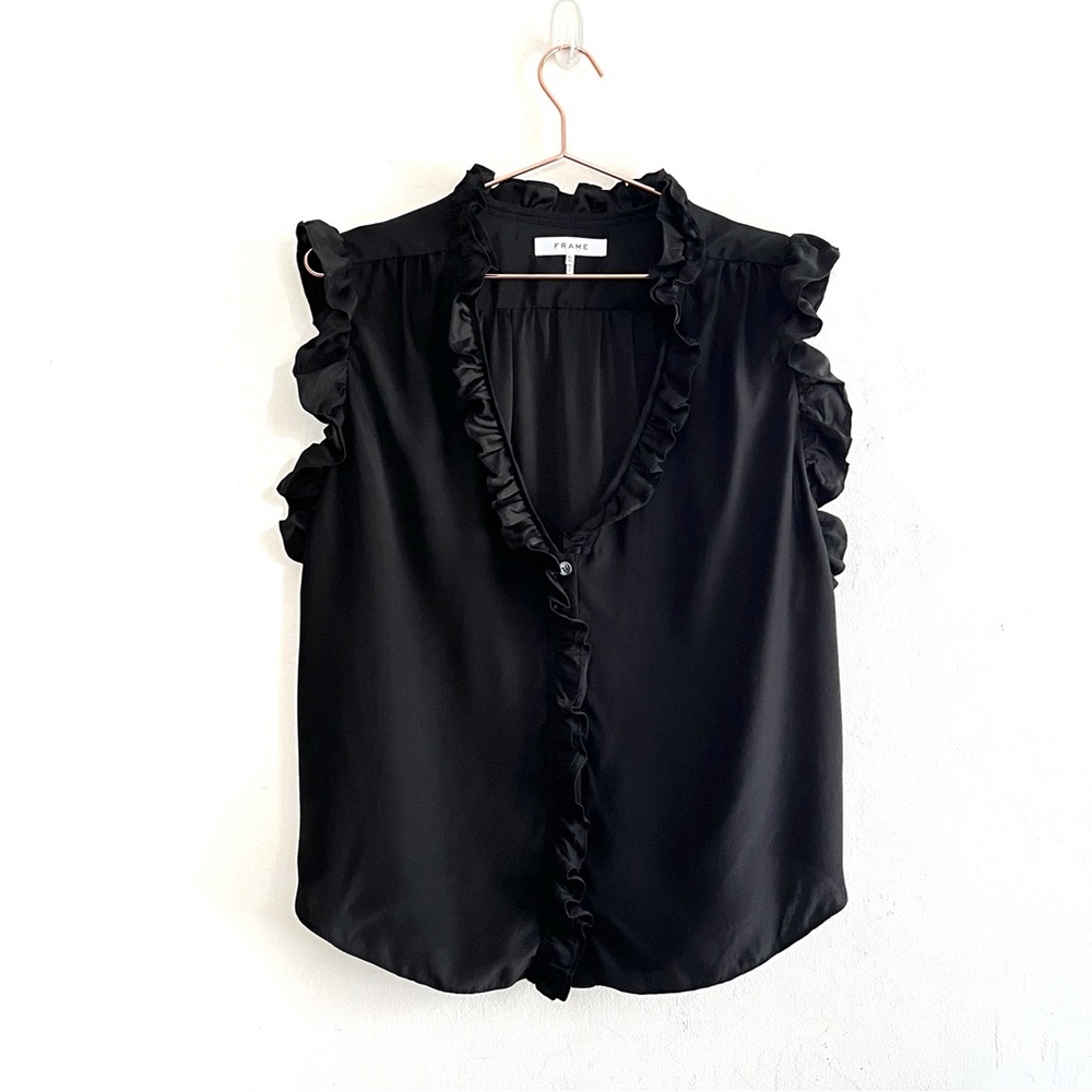 Frame Lauren Ruffle Silk Blouse in Noir Size XL